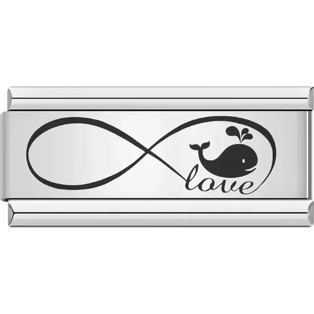 Black infinity symbol with a whale and cursive text "love" Italian charm bracelet link