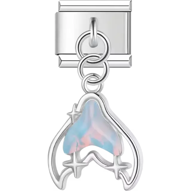 Pink and blue whale tail with silver star accents Italian charm bracelet link