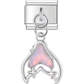 Whale tail with pink iridescent enamel and star details Italian charm bracelet link
