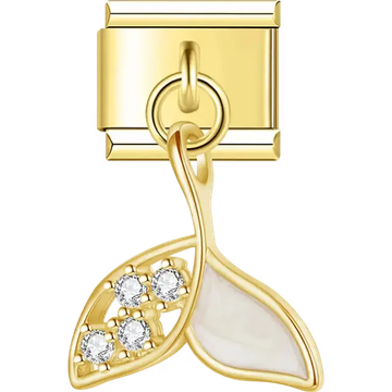 Gold whale tail with crystals and pearl dangle Italian charm bracelet link