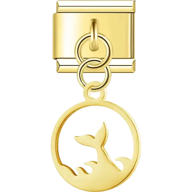 Whale tail in an open circle with wave design Italian charm bracelet link