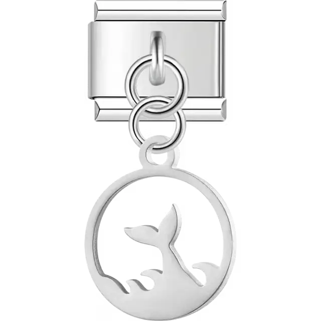 Whale tail in an open circle with wave design Italian charm bracelet link