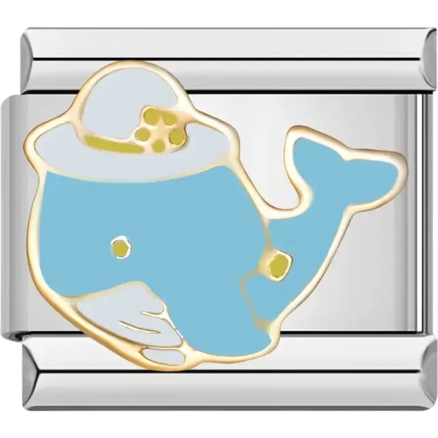 Blue whale wearing a white hat Italian charm bracelet link