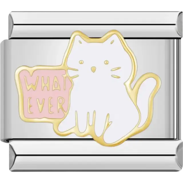 White and gold cat with a pink "Whatever" text bubble Italian charm bracelet link