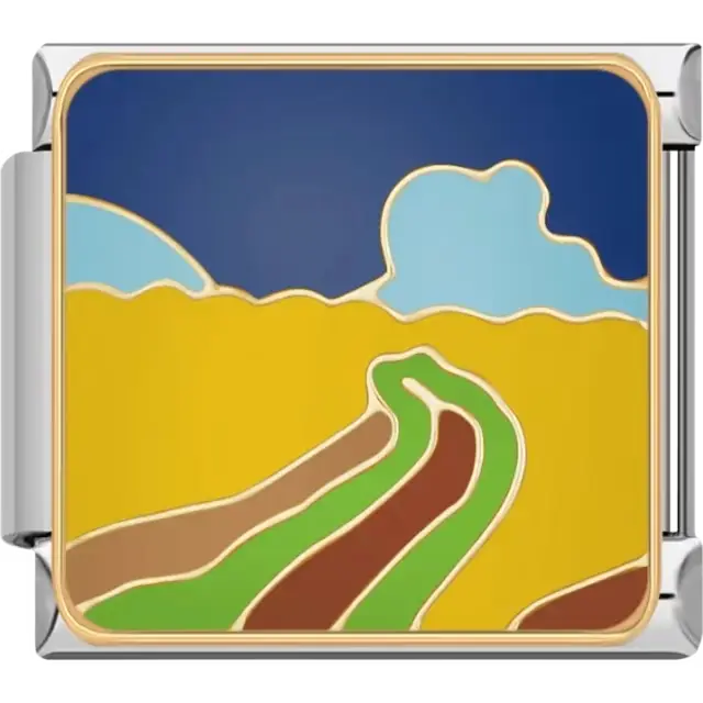 Wheat field with yellow blue and green details under a blue sky Italian charm bracelet link
