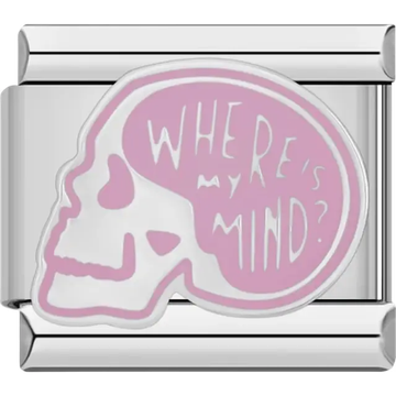 Pink skull design with "Where's My Mind?" text and white accents Italian charm bracelet link