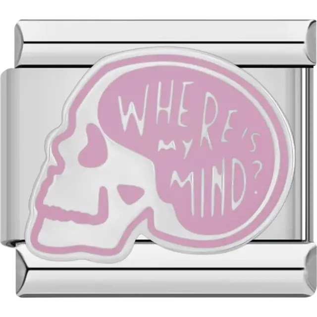 Pink skull design with "Where's My Mind?" text and white accents Italian charm bracelet link