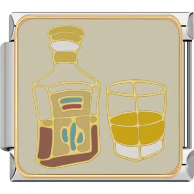 Gold-outlined whiskey and glass with brown and amber details on a beige background Italian charm bracelet link