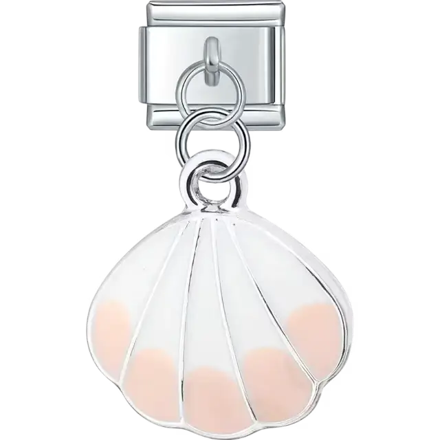 White seashell dangle design with soft pink accents Italian charm bracelet link