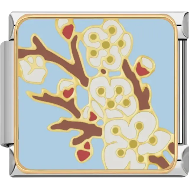 White blossoms with gold accents and red buds on brown branches Italian charm bracelet link