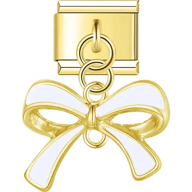 White bow dangle Italian charm bracelet link