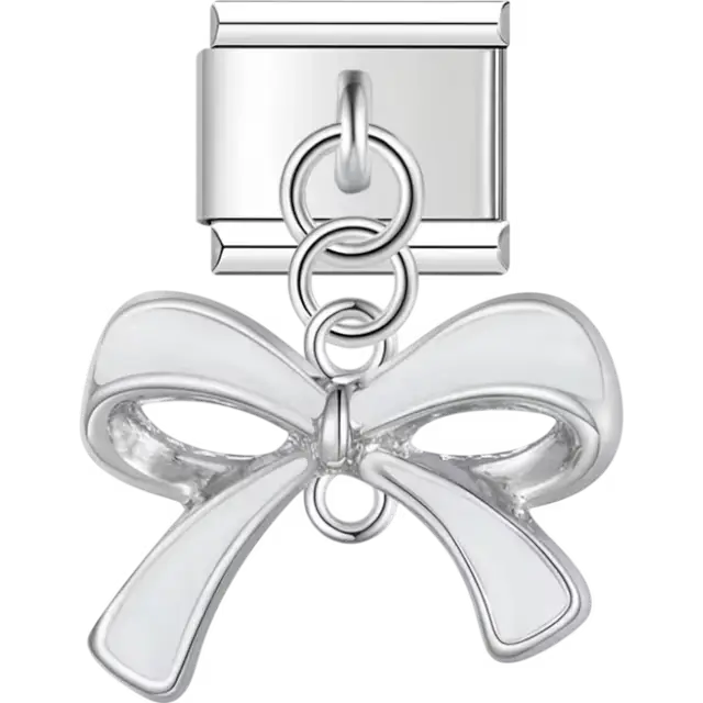 White bow dangle Italian charm bracelet link