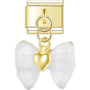 Gold tone white bow with heart center dangle Italian charm bracelet link