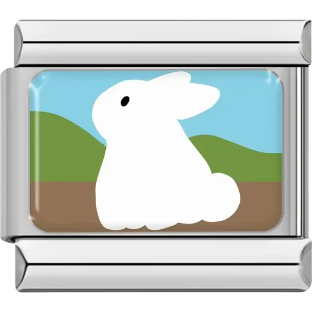 White bunny sitting on brown ground with green hills and blue sky background Italian charm bracelet link