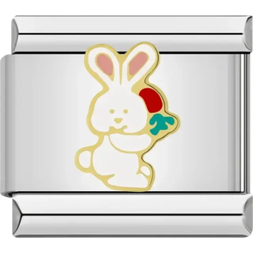 White bunny holding a red and green carrot Italian charm bracelet link