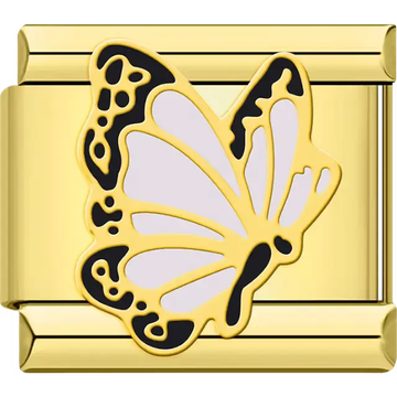 Gold-outlined butterfly with white wings and black accents Italian charm bracelet link
