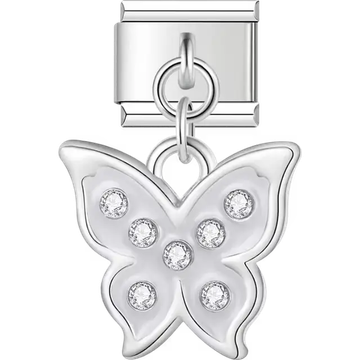 White butterfly with crystals dangle Italian charm bracelet link