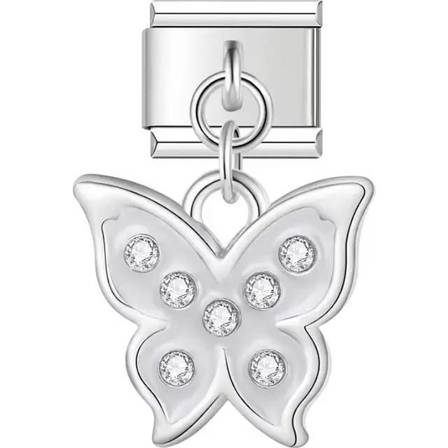 White butterfly with crystals dangle Italian charm bracelet link