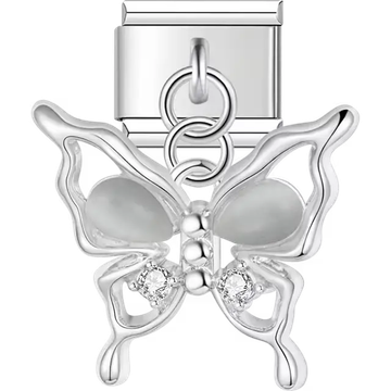 Butterfly with white pearl wings and clear crystals dangle Italian charm bracelet link