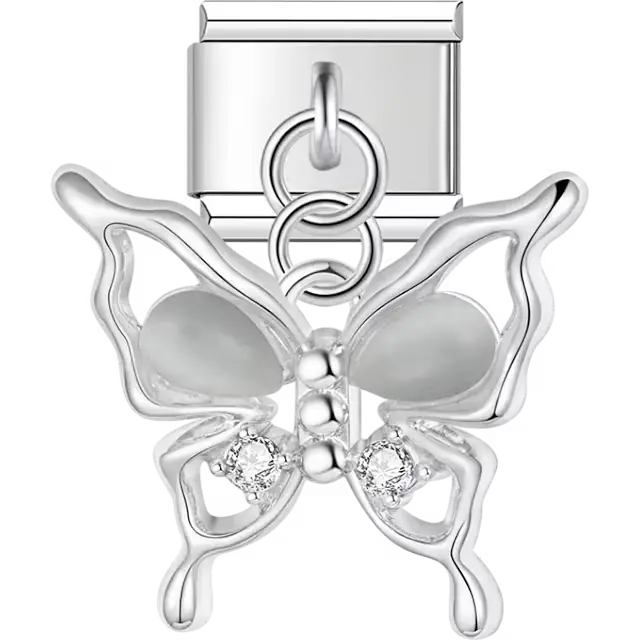 Butterfly with white pearl wings and clear crystals dangle Italian charm bracelet link