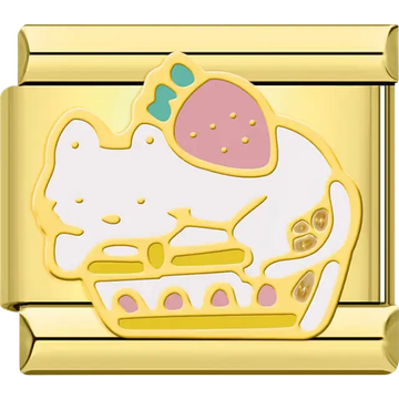 Sleeping white cat with pink accent, gold outline Italian charm bracelet link