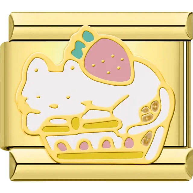 Sleeping white cat with pink accent, gold outline Italian charm bracelet link