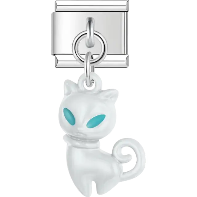White cat with teal eyes dangle pendant Italian charm bracelet link