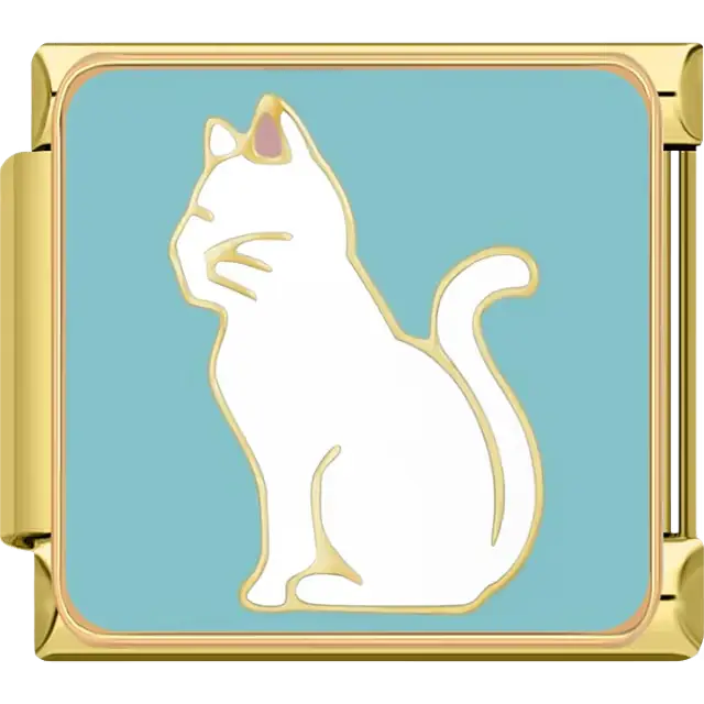 Gold-trimmed white cat on blue background with pink ear details Italian charm bracelet link