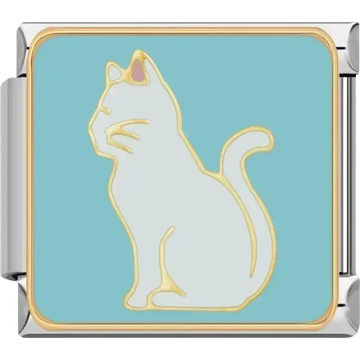 Gold-trimmed white cat on blue background with pink ear details Italian charm bracelet link