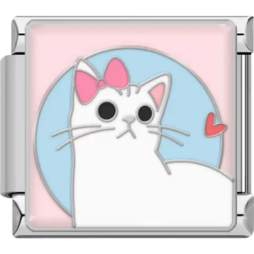 White cat with a pink bow on its ear, black eyes, and a small pink heart on a light blue and pink background Italian charm bracelet link