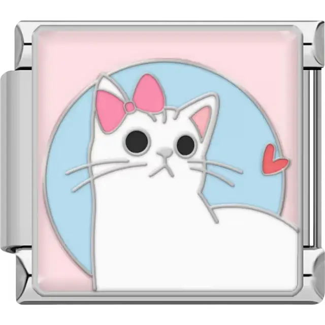 White cat with a pink bow on its ear, black eyes, and a small pink heart on a light blue and pink background Italian charm bracelet link