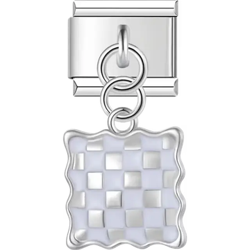 White checkerboard square with wavy border dangle Italian charm bracelet link