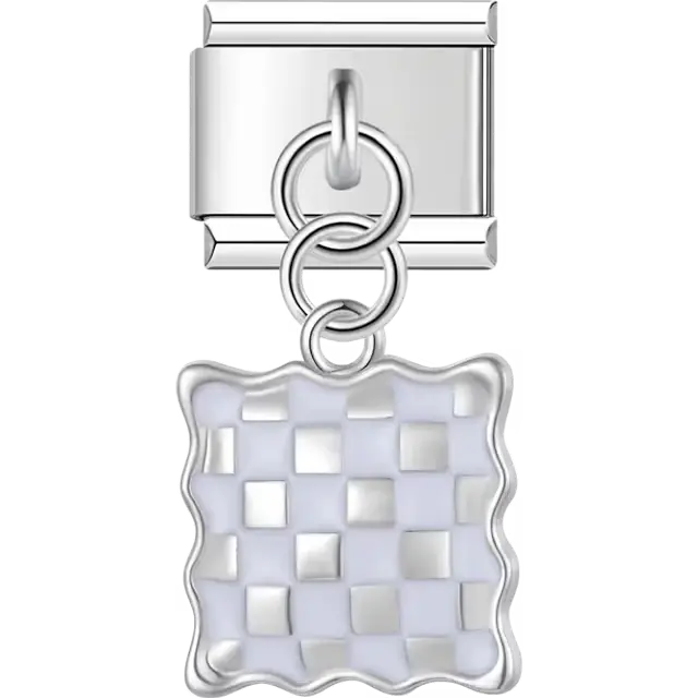 White checkerboard square with wavy border dangle Italian charm bracelet link