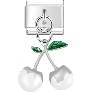 White cherry pendant with green leaves Italian charm bracelet link