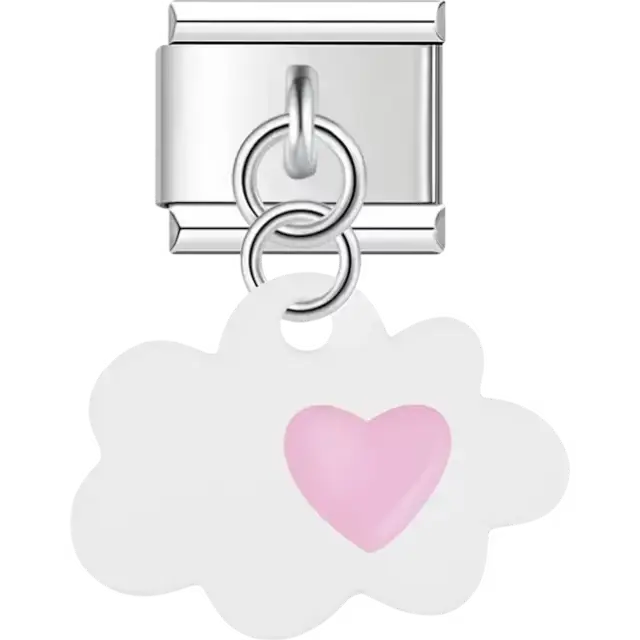 White cloud dangle charm with a pink heart design Italian charm bracelet link