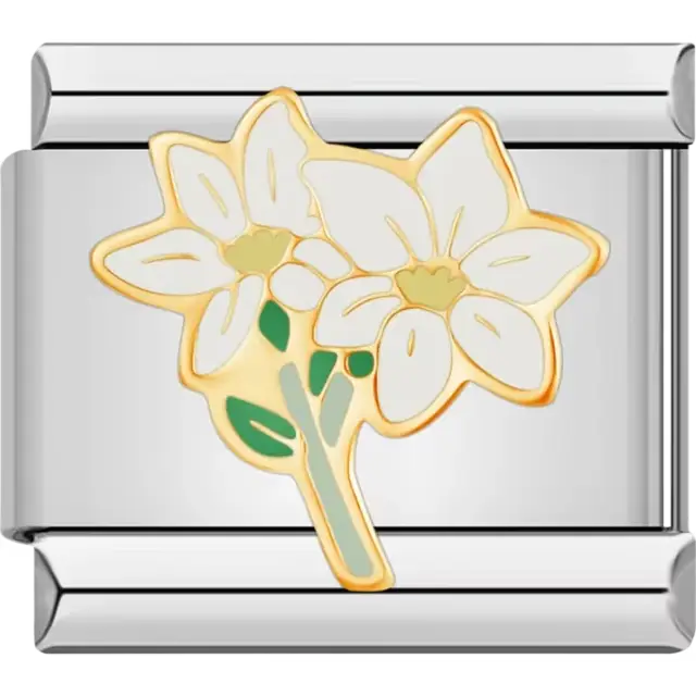 Two white daffodil flowers with green stems and gold accents Italian charm bracelet link