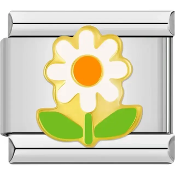 White daisy with an orange center, green leaves, and gold outline Italian charm bracelet link