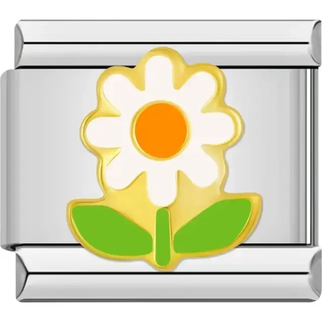 White daisy with an orange center, green leaves, and gold outline Italian charm bracelet link