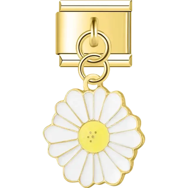 White daisy flower with yellow center dangle Italian charm bracelet link