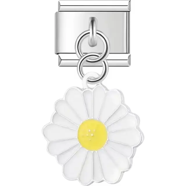 White daisy flower with yellow center dangle Italian charm bracelet link