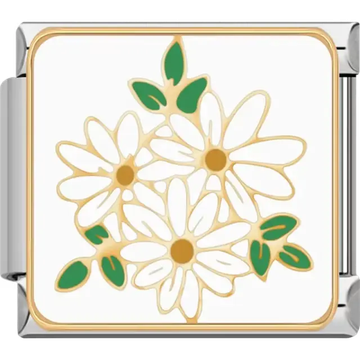 Cluster of white daisies with gold outlines green leaves and yellow centers on white background Italian charm bracelet link