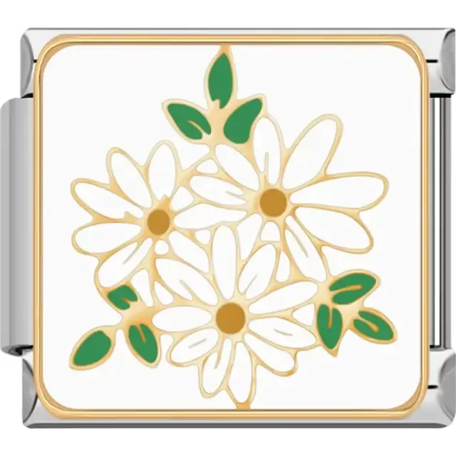 Cluster of white daisies with gold outlines green leaves and yellow centers on white background Italian charm bracelet link