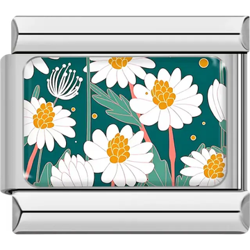 White daisies with orange centers on teal background with green leaves Italian charm bracelet link