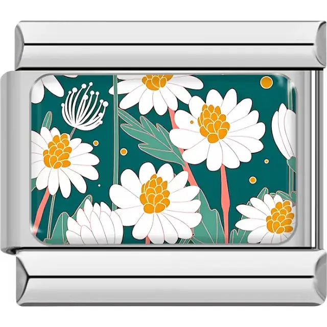 White daisies with orange centers on teal background with green leaves Italian charm bracelet link