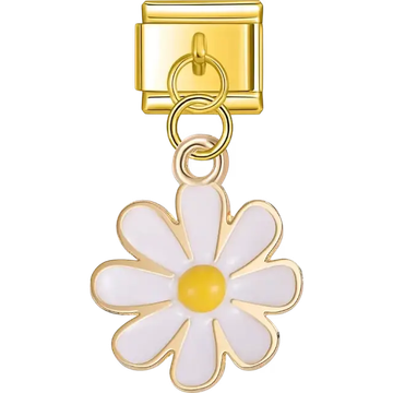 White daisy flower with a yellow center in a dangle design Italian charm bracelet link