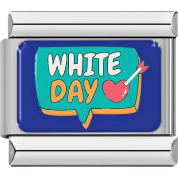 Green speech bubble with the words "White Day" and a red heart with an arrow on blue background Italian charm bracelet link