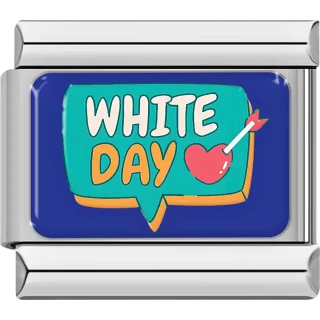 Green speech bubble with the words "White Day" and a red heart with an arrow on blue background Italian charm bracelet link