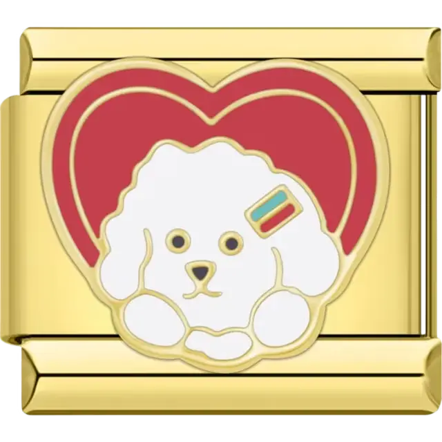 White dog design with a red heart background and gold details Italian charm bracelet link