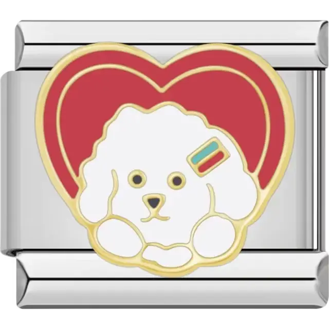 White dog design with a red heart background and gold details Italian charm bracelet link
