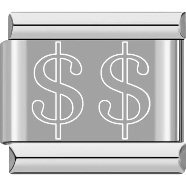 Two white outlined dollar symbols "$$" Italian charm bracelet link